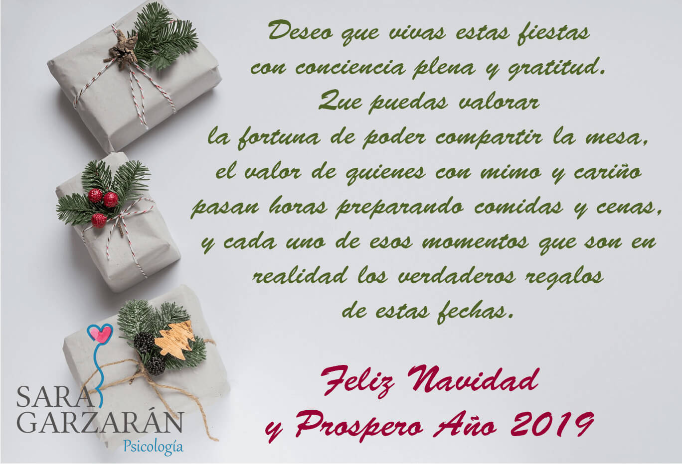 Feliz Navidad y Próspero Año 2019. Sara Garzarán Psicología. Las Rozas